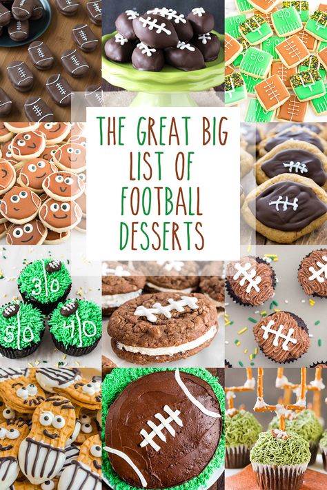 A collage of game-day football desserts. Game Day Desserts, Football Themed Desserts, Cookies Football, Football Brownies, Football Sugar Cookies, Football Desserts, Superbowl Desserts, Chocolate Cake From Scratch, Oreo Balls