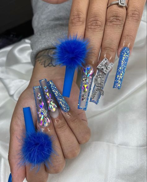 Pom Nails, Fluffy Nails, Boy Nails, Acrylic Nails Coffin Pink, Acrylic Nails Coffin, Nails Coffin, Nails Inspo, Nail Games, Blue Nails