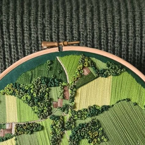 Taylor Brooker 🌱🧵 on Instagram: "It's been 3 years since I finished my very first aerial landscape embroidery! 🥳 I thought I'd post it along with my latest one - practice makes improvement!   #embroidery #embroideryartist #embroideredart #craft" Hand Embroidery Art Thread Painting, Trish Burr Embroidery Thread Painting, Embroidered Landscapes, Aerial Landscape Embroidery, Textile Art Embroidery Landscape Scene, Embroidered Art, Thread Painting, Tree Painting, Art Inspo