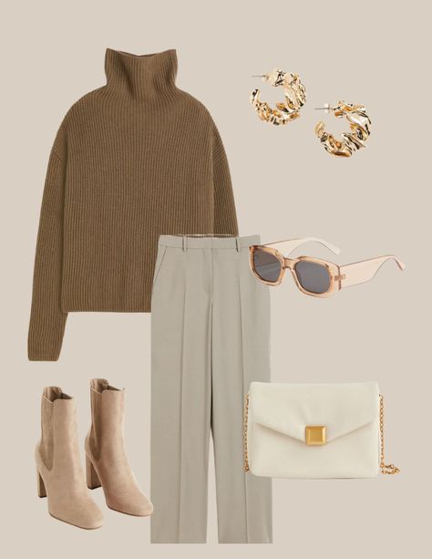 Flat lays of womens fall outfit. Sweater weather. Women’s sweater outfit. Casual work outfit with brown turtleneck sweater, brown trousers, nude boots, gold jewelry, white bag. Nude Sweater Outfit, Boots Work Outfit, Work Outfit Fall, Nude Sweater, Sweater Weather Outfits, Nude Bags, Neutral Sweater, Brown Turtleneck Sweater, Nude Boots