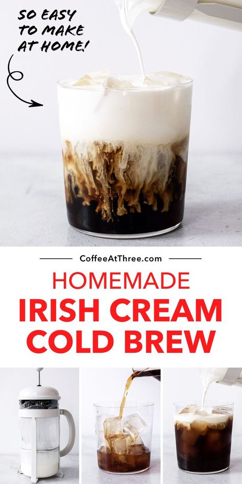 Cold Brew Bar Party, Cold Brew Foam Recipe, Irish Cream Coffee Recipe, How To Make Cold Foam For Coffee, Irish Cream Cold Foam, Irish Cream Cold Brew Starbucks, Cold Foam How To Make, Homemade Cold Foam, Cold Brew With Cold Foam