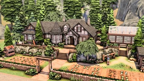 Sims 4 Farm Build, Sims 4 Spellcaster House, Henford On Bagley, Cottage On A Hill, Ts4 Builds, Sims 4 Building Ideas, Sims 4 Cottage, Sims 4 Houses Layout, Sims 4 House Ideas