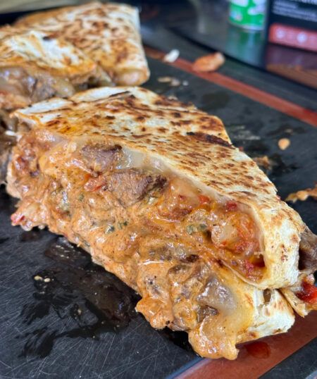 Steak and Shrimp Quesadilla - Tony Chachere's Blackstone Steak, Shrimp Quesadilla Recipe, Steak Quesadilla Recipes, Quesadilla Fillings, Shrimp Quesadilla, Steak Quesadilla, Shrimp N Grits Recipe, Steak And Shrimp, Grits Recipe