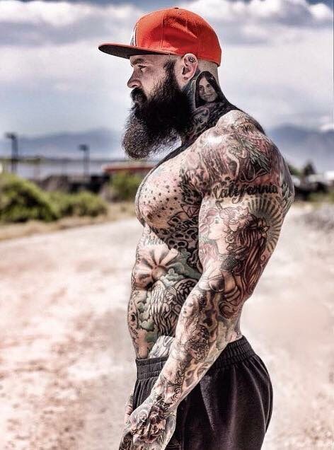 Tattoo and beard styles Beard Muscle, Tatted Men, Sick Tattoo, Male Muscle, Piercing Septum, Body Suit Tattoo, Tattooed Men, Full Body Tattoo, Big Muscles