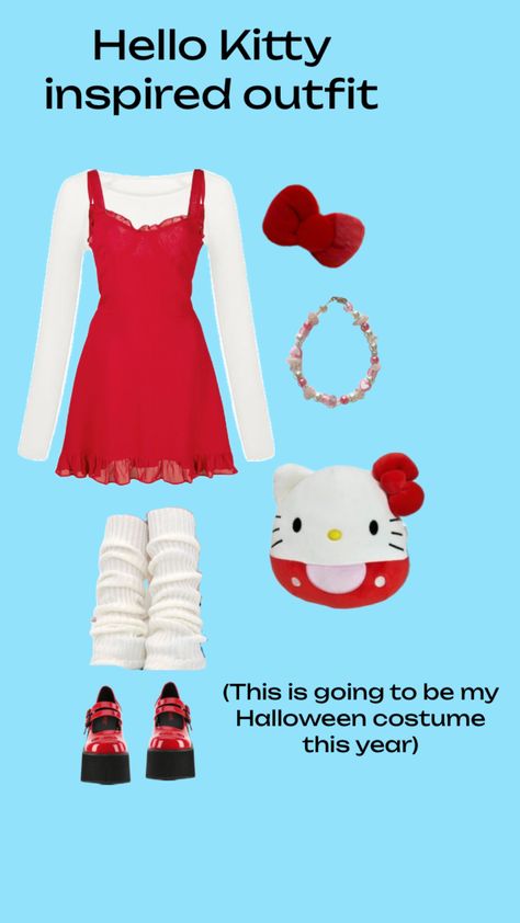 Hello Kitty costume #hellokitty #halloweencostume Hello Kitty Halloween Costume, Hello Kitty Costume, Kitty Costume, Custom Jeans Diy, Character Halloween Costumes, Horror Halloween Costumes, Cute Group Halloween Costumes, Matching Outfits Best Friend, Pretty Halloween Costumes