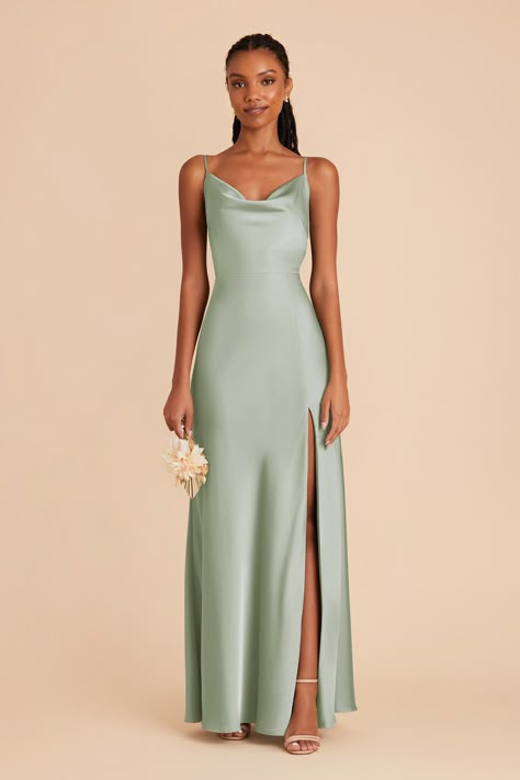 Featuring a 90's cowl neck, this floor-length matte satin bridesmaid dress is a head-turning statuesque beauty. Available in Sage. Our matte satin midi got a glow-up! | Sage Bridesmaid Dress Matte Satin Size 3X | Birdy Grey Lisa Long Closed Toed Heels, Sage Green Dresses, Olive Bridesmaid Dresses, Olive Green Bridesmaid Dresses, Moh Dress, Halter Neck Gown, Brides Maid Dresses, Sage Bridesmaid Dresses, Bm Dresses