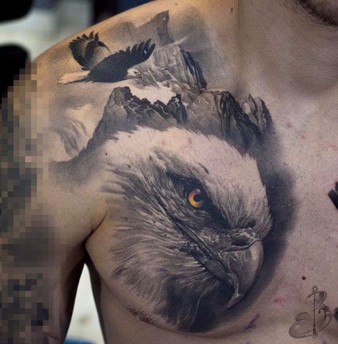 Bird Of Prey Tattoo, Eagle Chest Tattoo, Eagle Head Tattoo, Bald Eagle Tattoos, Mens Body Tattoos, Tattoo Colour, Polish Tattoos, Big Cat Tattoo, Wolf Tattoos Men