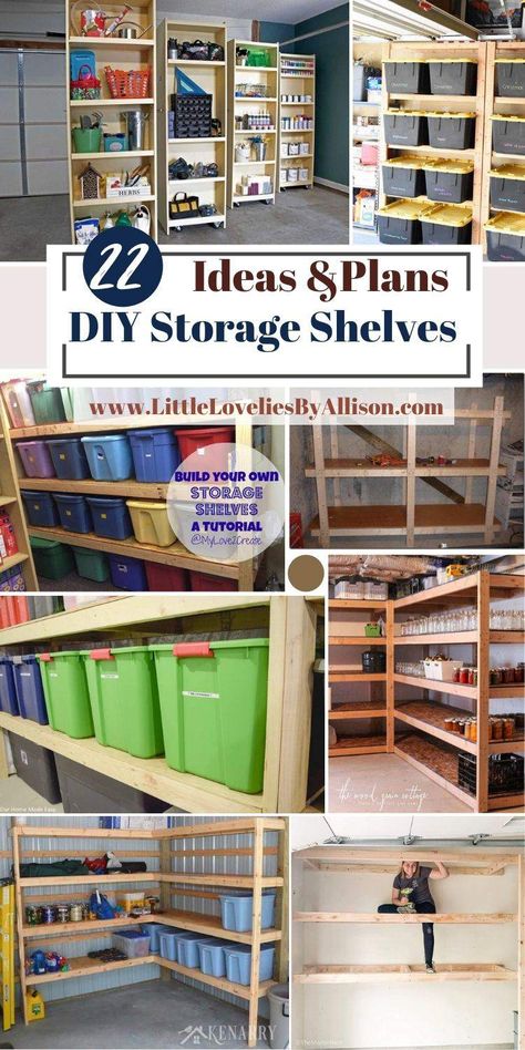 22 DIY Storage Shelves Plans: How To Build A Shelf For Storage L Shaped Storage Shelves, Diy Shelving Unit Storage, Storage Box Shelves, Diy Shelving Ideas Storage, Tote Storage Shelves Diy, Diy Tote Storage Rack, Plastic Bin Storage Ideas, Tote Storage Ideas, Storage Room Shelving