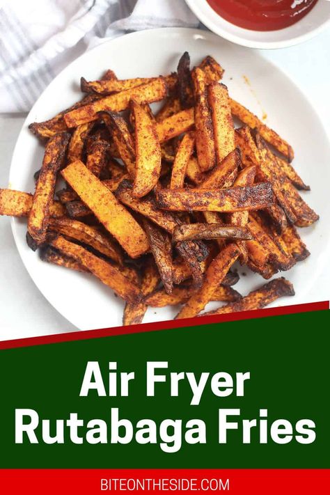 These Air Fryer Rutabaga Fries, or Swede Fries, are a flavorful twist on traditional fries. Seasoned with paprika and garlic, and cooked in the air fryer, they provide a healthier alternative to potato fries, making prep and cooking a breeze while also helping you add more nutritious vegetables to your plate. Rutabaga Recipes Air Fryer, Air Fryer Rutabaga, Rutabaga Fries, Fries In Air Fryer, Nutritious Vegetables, Easy Vegetable Side Dishes, Veggie Fries, Roasted Root Vegetables, Garlic Mushrooms