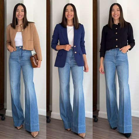 Jeans With Blue Blazer Outfit, 2024 Outfit Trends For Women Spring, 90s Jeans Work Outfit, Fashion For 30 Somethings, Work Outfit Jeans Winter, Denim Trousers Women Outfit, Wear Jeans To Work Women, Jeans And Jacket Outfit Classy, Stylish Outfits With Jeans