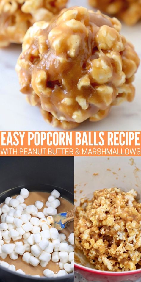 Calling all peanut butter lovers! These Peanut Butter Popcorn Balls are a delicious treat and so easy to make. Salty popcorn is combined with a creamy peanut butter marshmallow sauce for a scrumptious, sweet and salty snack. Popcorn Jello, Peanut Butter Popcorn Balls, Easy Popcorn Balls, Popcorn Balls Recipe Easy, Sunday Sweets, Marshmallow Sauce, Popcorn Recipes Sweet, Popcorn Ball, Popcorn Balls Recipe