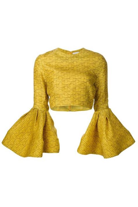 Cute Dresses For Party, Bell Sleeve Shirt, Yellow Crop Top, Ruffle Sleeve Top, Trendy Fashion Tops, Blouse Design Models, Cropped Tops, Yellow Top, Christian Siriano