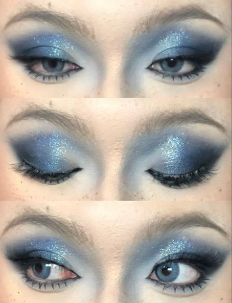 Blue Eyeshadow Y2k, Black Blue Makeup, Blue Glitter Eyeshadow Looks, Blue And Black Eyeshadow, Black And Blue Makeup, Blue Black Makeup, Blue And Black Makeup, Blue Mascara Looks, Blue Prom Makeup Looks