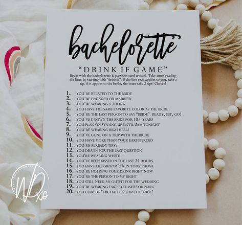 Bachelorette Drink If Game PRINTABLE GAME Instant | Etsy UK Bachelorette Drink If Game, Bachelorette Trip Activities, Bachelorette Party Activities At Home, Bachelorette Games For Small Group, Bachelorette Party Nails The Bride, At Home Bachelorette Party Ideas, Drink If Bachelorette Game, Simple Bachelorette Party Ideas, Bachelorette Game Ideas