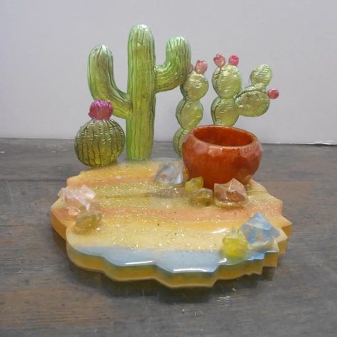 PAINTED DESERT VANITY TRAY! This time I went to the 🏜 and Designed some Cacti out of Polymer Clay then Molded and Cast them in Resin to make this Stunning Painted Desert Vanity Tray. #vanitytray #epoxyresin #polymerclay #micapowders #handmade #oneofakind #painteddesert #desert #cactus #cacti #LynzCraftzdesignz Cactus Clay, Painted Desert, Desert Painting, Desert Cactus, Vanity Tray, Epoxy Resin, Cactus, Polymer Clay, Vanity