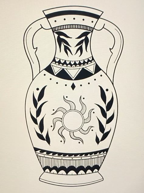 Hercules Vase Tattoo, Greek Vase Design, African Vase Tattoo, Greek Vase Tattoo Design, Ancient Greek Vase Tattoo, Grecian Urn Tattoo, Mexican Vase Tattoo, Vase Drawing Design, Grecian Vase Tattoo