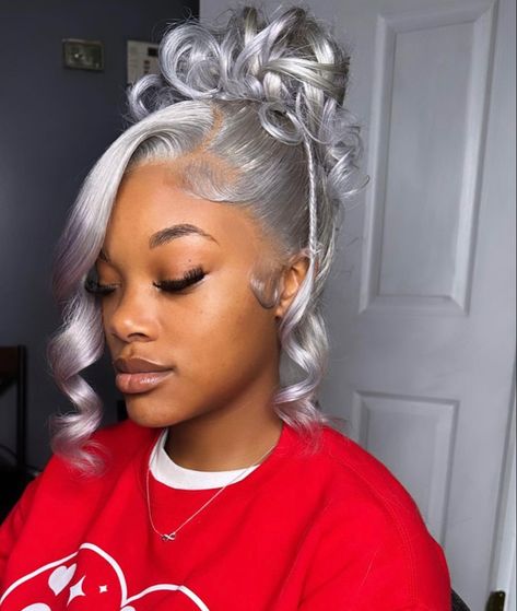 White Prom Hairstyles, Grey Frontal Ponytail, Grey Wig Updo, Grey Updo Hairstyles For Black Women, Silver Hair Updo, Frontal Ideas, Girl Updo, Birthday 17, Hoco Inspo