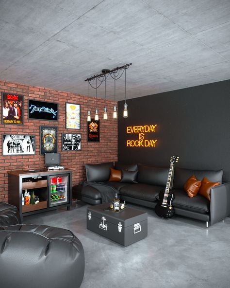 Everyday is rock day on Behance Rock Salon Decor, Music Room House Ideas, Small Room Lounge Ideas, Rock And Roll Decor Interior Design, Music Studio Home Ideas, Man Space Ideas, Home Tattoo Studio Interior Design, Man Cave Room Decor, Industrial Barbershop Ideas