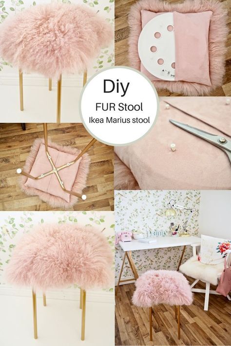 See how I hacked a 3.50 Ikea Marius stool into a funky pink and gold Fur Stool. Using some Rustoleum bright gold spray paint and a Mongolian sheepskin cushion from TK Maxx I hacked my Ikea stool into a luxe fur stool. Perfect budget diy. A fun IKEA hack. Ikea Stool, Fur Stool, Koti Diy, Diy Hanging Shelves, Decor Ikea, Dekor Diy, Wine Bottle Diy Crafts, Floating Shelves Diy, Diy Interior