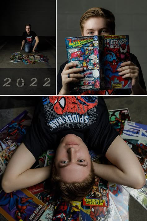 high school senior guy posing with Spider-Man comic books Comic Book Inspired Photoshoot, Comic Book Senior Pictures, Lego Senior Pictures, Anime Senior Pictures, Dungeons And Dragons Senior Pictures, Senior Picture Ideas For Gamers, Senior Pictures For Gamers, Nerdy Photoshoot Ideas, Gaming Senior Pictures