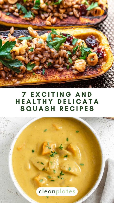 Butternut gets all the love -- but sweet delicata squash is one of our faves. Check out these 7 super-tasty ways to use it (we are all about #4!). Healthy Delicata Squash Recipes, Delicato Squash, Delicata Recipes, Delicate Squash Recipes, Squash Delicata, Delicate Squash, Delicata Squash Recipe, Squash Soup Recipe, Delicata Squash