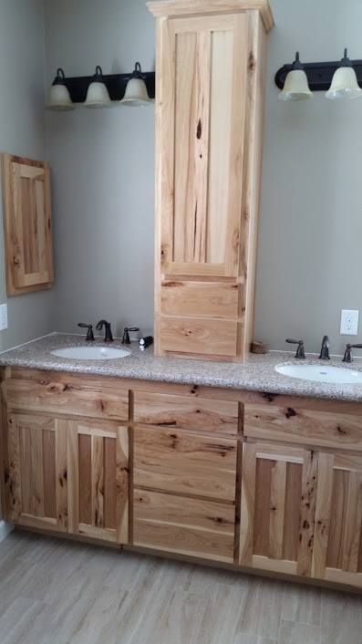 Rustic Hickory / Shaker doors / Master bathroom Rustic Hickory Bathroom Vanity, Hickory Cabinets Bathroom, Bathroom With Hickory Cabinets, Hickory Bathroom Cabinets, Hickory Bathroom Vanity, Pine Bathroom Vanity, Hickory Vanity, Hickory Bathroom, Bathroom Rustic