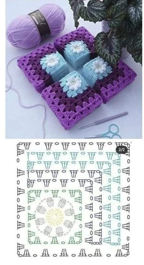 Crochet Flower Granny Square Pattern, Granny Square Crochet Patterns Free, Crochet Blanket Pattern Easy, Pola Amigurumi, Crochet Motif Patterns, Crochet Design Pattern, Pola Sulam, Crochet Cushions, Crochet Square Patterns