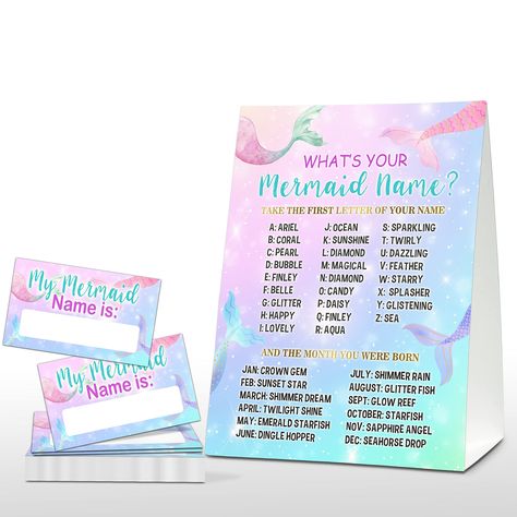 PRICES MAY VARY. 1) Are you planning a mermaid party and looking for some entertainment ideas? This "What's Your Mermaid Name" game is an adorable addition to the party. 2) Each pack includes 1 standing sign and 30 pcs stickers, adding a joyful atmosphere to the mermaid party, giving you an unforgettable party memories in your lifetime! The sufficient quantity and nice combination can meet your under the sea party uses and decor needs. 3) The sign is made of 350 grams of coated paper, making the Under The Sea Birthday Party Crafts, Mermaid Birthday Party Printables Free, Mermaid Birthday Party Crafts, Under The Sea Birthday Party Activities, Mermaid Birthday Party Games, Pink Mermaid Party, Your Mermaid Name, Party Games For Girls, Whimsical Mermaid