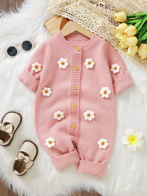 Pink Casual Collar Three Quarter Length Sleeve Knitwear Floral Jumpsuit Embellished Medium Stretch  Baby Girls Clothing Baby Outfits Girl, Cute Baby Clothes Newborn, Cute Newborn Outfits, New Born Clothes, Etsy Baby Clothes, Newborn Baby Girl Outfits, Baby Girl Clothes Newborn