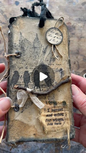 Wanda Hela Katz on Instagram: "HERE’s A FLIP through of this little Eco dyed Cotton Tag book…3 x 5”…Using various ephemera including paper rolled string, Indian sari silk, A TWIG from my garden, stamps, dyed cotton scrim, linen and hemp threads, various inks, oil pastels, pressed leaves and waxed linen cord.  .  #grungejunkjournal #handmadejunkjournal #handmadejournal #junkjournaladdict #grungeaesthetic #collage #collageart #journalinspiration #tim_holtz #mixedmedia #papercollage #vintagefabric #fabricart #paperlayers #ephemera #inspiration #handmadebook #journalideas #scrapbooking #mixedmediajournal #artjournal #craft #artjournalpage #papercrafts #artjournal #textileart #grunge #mixedmediaart #junkjournal" Month Ideas, Tag Book, Tim Holtz Tags, Grunge Paper, Tim Holtz Dies, Journal Travel, Paper Collage Art, Pressed Leaves, Fabric Journals