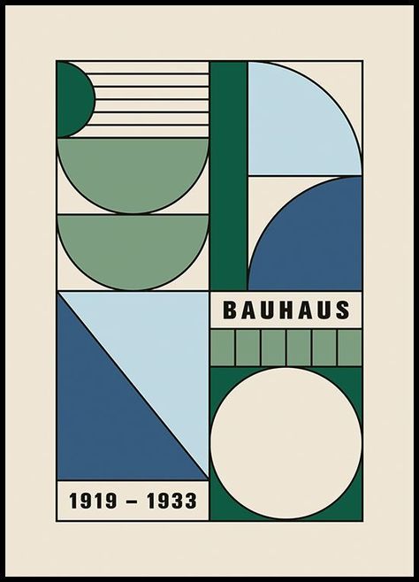 Blue Green Design Graphic, Bauhaus Green Poster, Bauhaus Art Poster, Blue And Green Graphic Design, Blue Green Poster, Green Poster Design, Scandinavian Graphic Design, Bauhaus Illustration, Bauhaus Design Poster