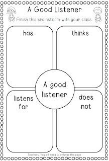 teaching good listening skills @ beginning of school year: will make my own on poster board Leader In Me Habit 5 Activities, Good Listener Anchor Chart, Listening Worksheet, School Memory Book, Culture Building, Habit 5, Seek First To Understand, Memory Book School, A Good Listener