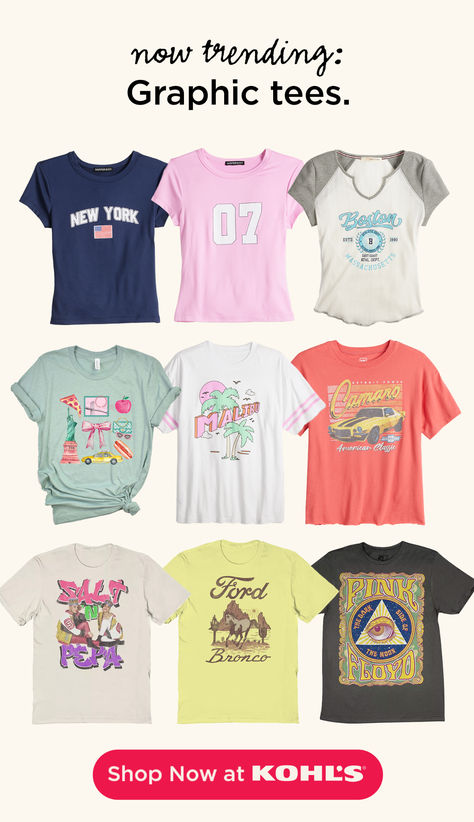 A graphic tee is a simple way to add a retro vibe to your wardrobe. Whether you dress it up with a chic jacket or simplify it with sweatpants, find graphic tees for every day of the week at Kohl's and Kohls.com. Thrifting Ideas, Fun Graphic Tees, Preppy Halloween, School Ootd, Shein Haul, Preppy Fits, Chic Jacket, Cute Dress Outfits, Trendy Outfits For Teens