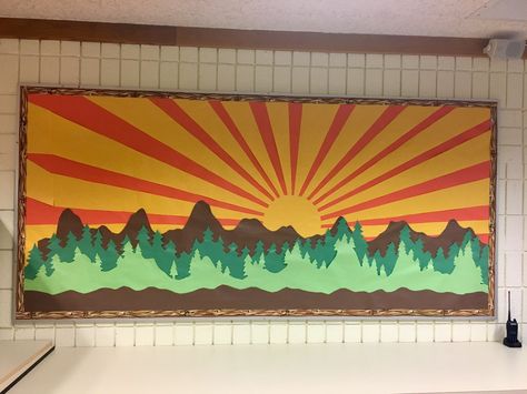 No windows in the classroom?  No problem.  Butcher paper sunrise! Sunrise Bulletin Board, Sunset Classroom Theme, Classroom Aquarium, Sun Bulletin Boards, Tornado Project, Weather Bulletin Board, Adventure Classroom, Decorate Classroom, Dorm Themes