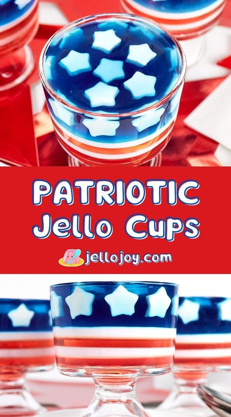 These star-spangled red, white and blue layered jello cups are the best 4th of July dessert you can make this summer! A super easy, no-bake patriotic dessert recipe with only 4 ingredients! | jellojoy.com 4th Of July Jello Cups, 4th Of July Jello, 4th Of July Dessert, Layered Jello, Jello Cups, Blue Jello, Patriotic Desserts, Jello Desserts, 4th Of July Desserts