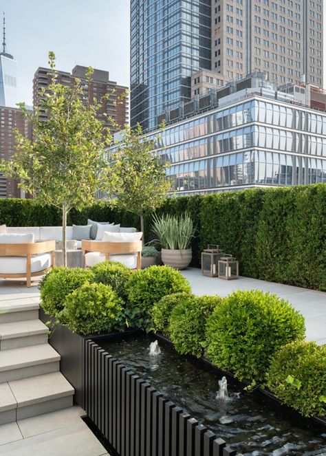 Elegant cottage blooms, buxus balls and mature trees flourish behind a manicured hedge on this Lower Manhattan rooftop. Buxus Balls, Manhattan Rooftop, Roof Landscape, Elegant Cottage, Belle Magazine, Tomato Tomato, Residential Exterior, Roof Garden Design, Modern Fence Design