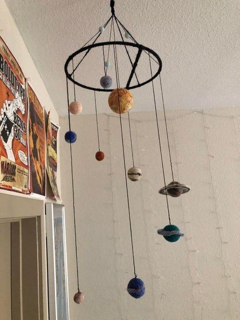 Solar System Hanging From Ceiling, Diy Planets Solar System Mobile, Planets Mobile Solar System, Diy Planet Mobile, Solar System Light Fixture, Solar System Themed Bedroom, Solar System Lamp, Solar System Model Diy, Hanging Planets Solar System