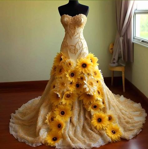 Cow Print Wedding, Sunflower Wedding Dress, Sunflower Gown, Yellow Cow Print, Era Medieval, Yellow Stuff, Yellow Wedding Dress, Gala Ideas, Sunflower Pictures