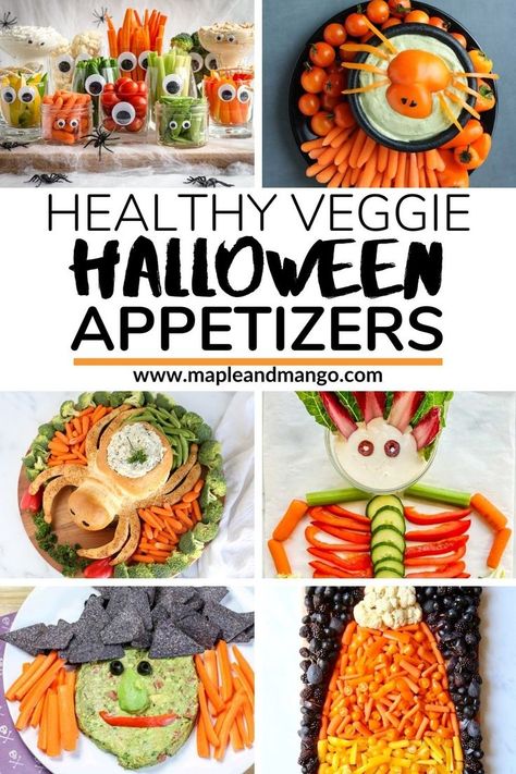 Looking for an easy Halloween appetizer, fun veggie tray idea for a Halloween party or healthy Halloween snack or side dish? Then check out this super easy Monster Halloween Veggie Tray (plus more fun ideas!). It transforms regular veggies and dip into a spooky and cute Halloween veggie platter that is kid friendly and perfect for parties! | www.mapleandmango.com Halloween Veggie Pizza Ideas, Halloween Food Veggie Tray, Halloween Party Food Veggie Tray, Halloween Inspired Veggie Tray, Halloween Snacks Tray, Pumpkin Veggie Tray Ideas, Fall Fruit And Veggie Tray, Halloween Vegi Tray, Veggie Pizza Halloween