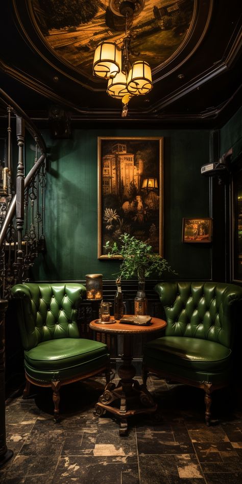 Gentlemen’s Club Decor, Green Ceiling Design, Forest Speakeasy, Whiskey Lounge Aesthetic, Art Deco Man Cave, Gentlemans Club Decor, Scottish Pub Aesthetic, Whiskey Tasting Room, Bar Inspiration Restaurant