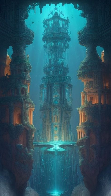 The fabled city of Atlantis rises from the depths of the ocean, its ancient splendor and mystique captured in vivid detail. Atlantis Art Underwater City, Atlantis The Lost Empire Aesthetic, Atlantis The Lost City, Atlantis Tattoo, Atlantis Aesthetic, Explorer Archetype, Kingdom Of Atlantis, City Under The Sea, The Lost City Of Atlantis