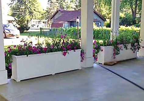 Long Planter Boxes Front Of House, Flower Box Arrangements, Long Planter Boxes, White Planter Boxes, Wood Balcony, Rooftop Planters, Window Box Ideas, Backyard Plans, Winter Window Boxes