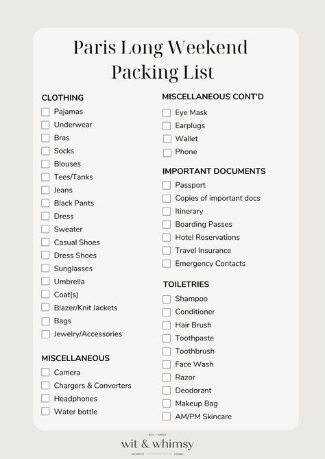 Long Weekend Packing List, Weekend Trip Outfits, Long Weekend Packing, Weekend Trip Packing List, Weekend Trip Packing, What To Pack For Paris, Weekend Packing List, Paris Packing List, Paris Trip Planning