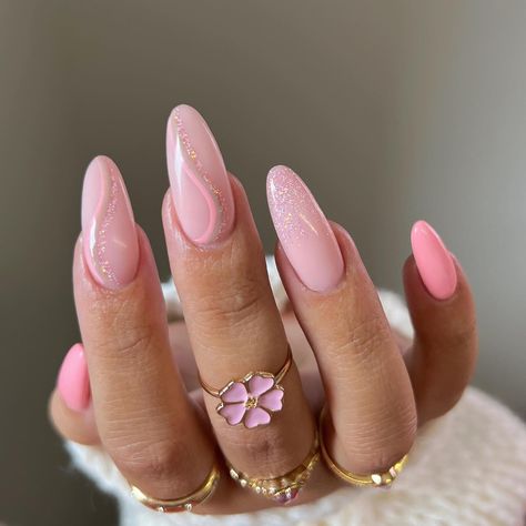 Cute Light Pink Almond Nails, Almond Light Pink Nails With Design, Natural Pink Almond Nails, 2024 Summer Nails Almond, Simple Light Pink Almond Nails, Pale Pink Acrylic Nails Almond, Summer Almond Nails 2024, Almond Nails For Spring, Pink Flower Acrylic Nails Almond