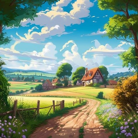 Rural Scenery Landscapes, House In Field Painting, Sunny Background Drawing, Anime Scenery Wallpaper Landscapes, Disney Landscape, Spirit Background, Paint Scenery, Sunny Day Painting, Sky Village