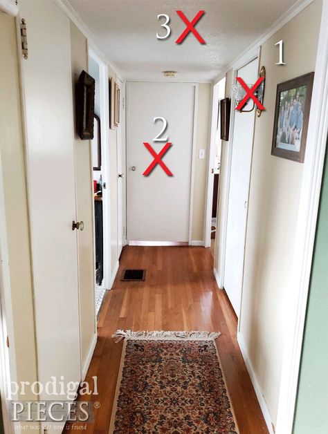 Hallway Decorating Door At End, Long Hallway With Door At End, Trim Hollow Core Door, 2 Doors Next To Each Other, Hallway With Doors Decor, Update Hollow Doors, Narrow Hallway With Door At The End, Small Hallway With Doors, Narrow Hallway With Doors