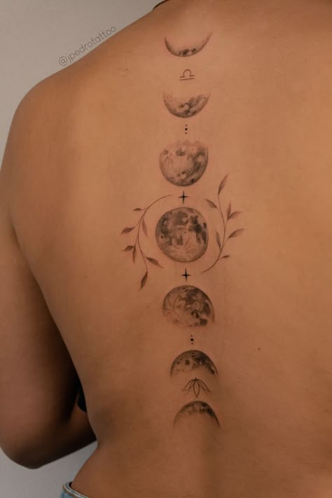 Moon Tattoos On Back For Women, Moon Phase Down Spine Tattoo, Back Moon Phases Tattoo, Spinal Tattoo Moon Phases, Moon Cycle Back Tattoo, Moon Tattoo Inspiration, Spine Tattoos Moon And Stars, Back Tattoo Moon Phases, Spine Tattoos For Women Moon Phases