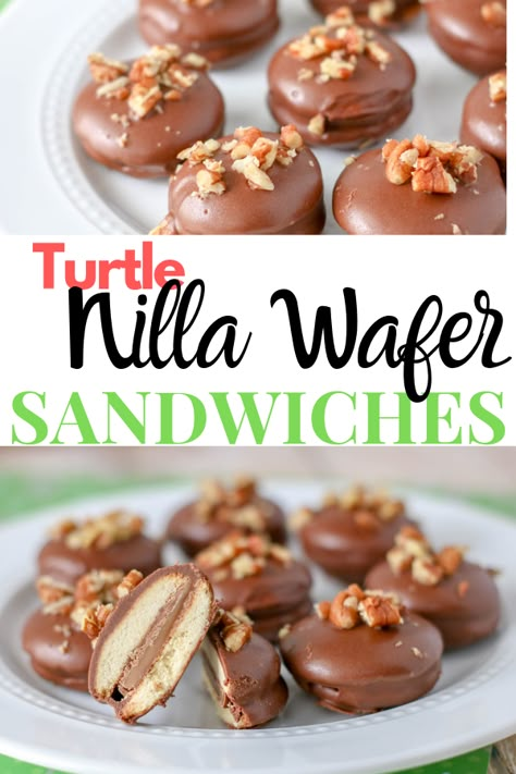 Easy Turtle Nilla Wafer Sandwiches - Thrifty Mommas Tips Nilla Wafer Sandwich Cookies, Nilla Wafer Recipes Easy, Nilla Wafer Cookies, Nilla Wafers And Rolos, Rolo Nilla Wafer, Nila Wafer Recipes, Nilla Wafers Recipes, Mini Nilla Wafer Recipes, Nilla Wafer Desserts