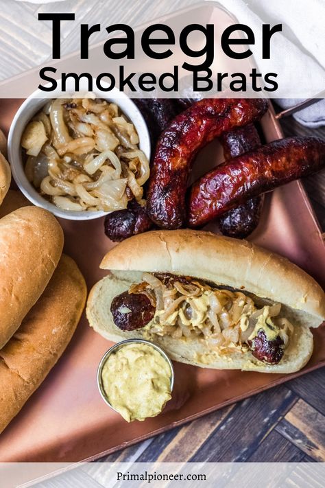 Smoked Brats, How To Cook Brats, Grilled Brats, Brats Recipes, Bratwurst Recipes, Smoked Pork Ribs, Pellet Grill Recipes, Traeger Recipes, Grill Recipes