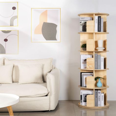 PRICES MAY VARY. 【360 Rotating Bookcase】 The round bookshelf with 360-degree rotation fits into the corner of any space with a compact floor area. It is the ideal space-optimizing solution for easy organizing and accessing books. Overall Size: 18”L x 18”W x 64.8”H 【Solid Wood Bookshelf】 This swivel bookcase is made of solid pine wood which is free of formaldehyde, non-toxic, odorless and paint-free. You can also paint the rotating book shelf tower as you like. 【Well-Constructed Bookcase】 This sp Swivel Bookcase, Spinning Bookshelf, Rotating Bookcase, Round Bookshelf, Bookshelves For Small Spaces, Display Bookshelf, Rotating Bookshelf, Solid Wood Bookshelf, Revolving Bookcase